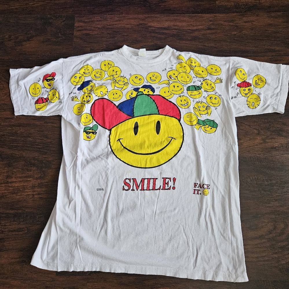 90s Freeze New York All Over Print Smiley Face Yummy  T-shirt